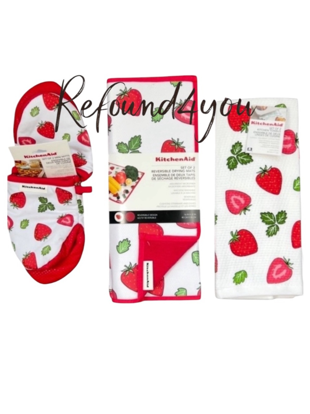 KitchenAid - ‘Strawberry - bundle’ dish towels, drying mats & oven mitts. NWT